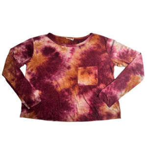 Lush Maroon Orange Tie-Dye‎ Cropped Long Sleeve TShirt Size Medium Creative Boho